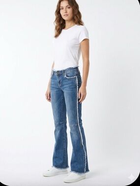 Paris Blues Mid-Blue Frayed Side-Stripe Flare Jeans